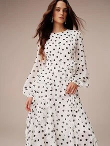 BELROSIE European And American Style Autumn/Winter New Fashion Versatile Chiffon Polka Dot Watermark Multi-Layer Ruffle Hem 3D Floral Decor Women's Dress - Multicolor - View 5