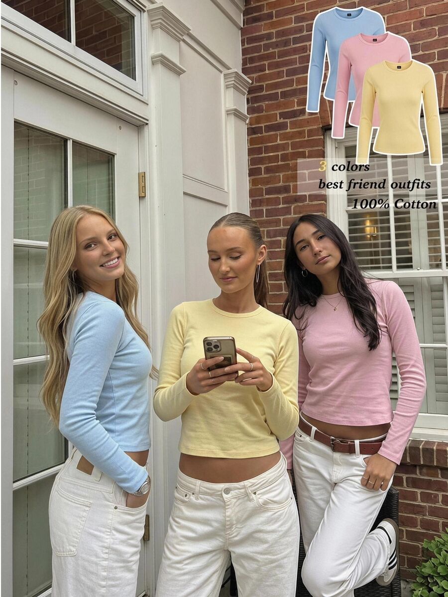 CovetEZ 3PCS Women Round Neck Long Sleeve T-Shirts - Multicolor - View 1