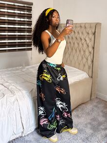 StreetHx Printed Street Style Straight Leg Loose Fit Long Pants - Black - View 3