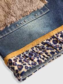 ROMWE J-Fashion Plus Size Y2K Vintage Leopard Print Faux Fur Patchwork Denim Mini Skirt - Blue - View 4