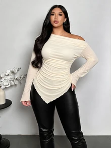 Firerie Plus Size Streetwear Asymmetrical Hem Ruched Asymmetrical Shoulder T-Shirt - Apricot - View 6