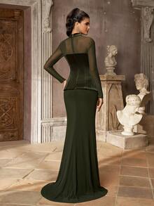 Aureia Dark Green Velvet & Mesh Applique Mermaid Evening Gown, High Neck Long Sleeve Sheer Dress With Train, Suitable For Prom, Party And Wedding - Dark Green - View 2