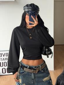 Coolane Women's Fall/Winter Back To School Basic Solid Color Pleated Asymmetrical Contrast Lace Neck Long Sleeve Pullover Black Sweatshirt Fall Outfits - Black - View 1