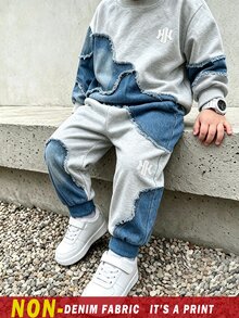 SHEIN 女童 2 件套休閒時尚春夏季秋季男孩圓領運動衫與運動長褲兩件套，酷炫幾何拼接圖案，彈性柔軟面料，春夏季秋季男孩套裝，休閒穿著，返校，派對，適合戶外野餐，街頭攝影，校園，假期，禮物用途 - 彩色 - 查看 3