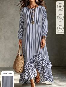 SHEIN Holidaya Women's Spring/Autumn Vintage Striped Artistic Ruffle Hem Casual Fashion Linen Long Sleeve Maxi Dress, Suitable For Outings, Dates And Commuting - Multicolor - View 5