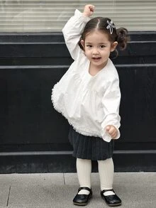 DAZY Infant/Toddler (Girl) Round Neck Long Sleeve Solid Color Spring/Autumn Korean Style Top - White - View 6