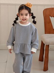 DAZY Infant/Toddler (Girl) Round Neck Striped Korean Style Long Sleeve Ruffle Trim Casual Sweatshirt - Grey - View 6