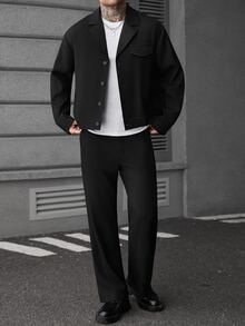 SLATEMANN Men's Fashion Minimalist Solid Color Business Commute Button Long Sleeve Jacket - Black - View 6