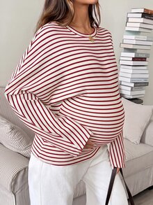 SHEIN 孕婦條紋印花蝙蝠袖T恤 - 紅色 - 查看 7