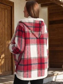 EMERY ROSE Jaket Wanita Ukuran Besar Motif Kotak-kotak Berkerudung dengan Lapisan Bulu Domba, Pakaian Musim Dingin Musim Gugur/Musim Dingin 2026, Mantel Vintage, Pakaian Musim Dingin, Busana Musim Dingin untuk Wanita - MultiWarna - View 5
