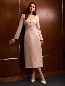 MOTF PREMIUM SQUARE NECK BOW BUTTON DETAIL DRESS - Baby Pink - View 1
