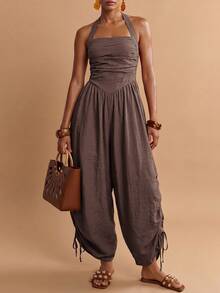 Zivah Women's Halter Neck Backless Tie Back Wide Leg Drawstring Jumpsuit - Coffee Brown - View 3