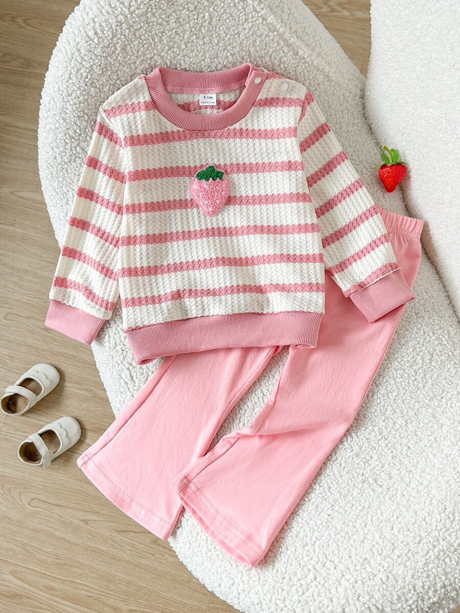SHEIN Baby Girl T Shirt Set Pink Striped Knit Cute Sets Matching Sets - Pink - View 1