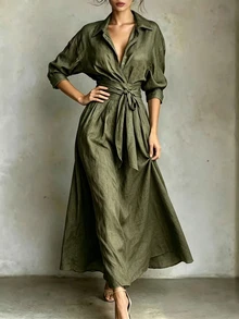 SHEIN 女款簡約休閒鈕扣口袋連身裙，適合通勤 - 軍綠色 - 查看 3