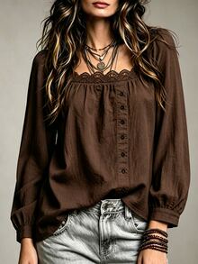 SHEIN 女款 100% 純棉蕾絲領前開鈕扣長袖襯衫 - 咖啡棕 - 查看 5