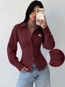 Firerie 女款酒紅色長袖襯衫，後腰綁帶收腰設計，春夏秋冬四季穿著，優雅休閒風，適合辦公室日常 - 酒紅色 - 查看 1