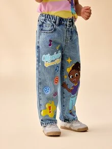 Blippi X SHEIN بنطلون جينز كاجوال واسع الساق مع جيب بنمط حروف للفتيات الصغيرات - أزرق فاتح - مشاهدة 5