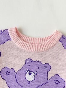 SHEIN X Care Bears 1件少女休閒百搭粉色卡通紫色熊趣味圖案圓領寬鬆舒適長袖套頭毛衣，適合日常穿著、秋冬室內運動、攝影、節慶生日 - 彩色 - 查看 5
