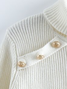 GlowEve CURVE Plus Size Women's Solid Color Elegant High Neck Long Sleeve Double Row Decorative Button Knit Sweater Pullover - Beige - View 3