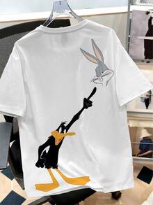 LOONEY TUNES X SHEIN Daypath 男士休閒卡通圖案印花短袖圓領T恤 - 白色 - 查看 2