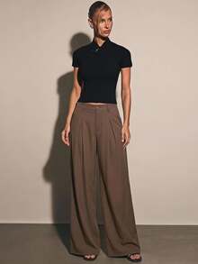 COSMINA Women's Pleated Wide Leg Dress Pants Elegant Commute Coffee Color Autumn/Winter Women's Suit Pants - Coffee Brown - View 4