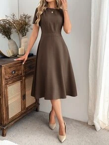 EMERY ROSE Women's Short Sleeve Round Neck Solid Color High Waist Ruffle Hem Elegant French Long Dress Office Brunch Coffee Brown - Brown - View 1