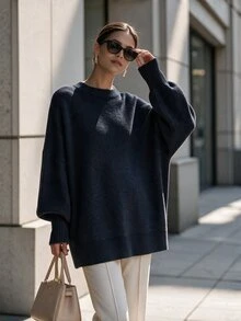 SHEIN 女款純色休閒百搭日常長袖針織衫 - 黑色 - 查看 5