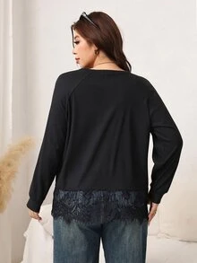 Easowa Curve Plus Size Fashion Versatile Lace Patchwork Long Sleeve Knit T-Shirt - Black - View 3