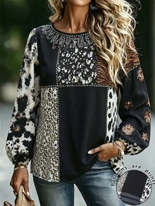 Linhara CURVE Bohemian Patchwork Leopard Print Iron-On Women's Vintage Loose Casual Long Sleeve Shirt Fall - Black - View 4