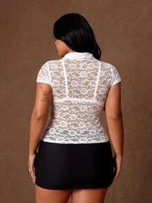 Rustia Plus Size Women's Lace Hollow Out Sexy Versatile Date & Outing Top - White - View 2