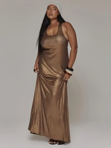 MUSERA Gold Sheer Detail Fitted Maxi Dress Casual Cool Basic Fall Winter Autumn - Brown - View 2