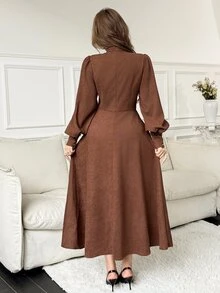 Feyla Women's Solid Color Collar Button Design Long Sleeve Elegant Midi Dress - Brown - View 6