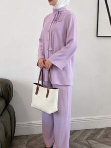 Veilorie Women's Solid Color Front Tie Long Sleeve Single-Breasted Top And Pants Arabic Costume Set - Purple - View 4