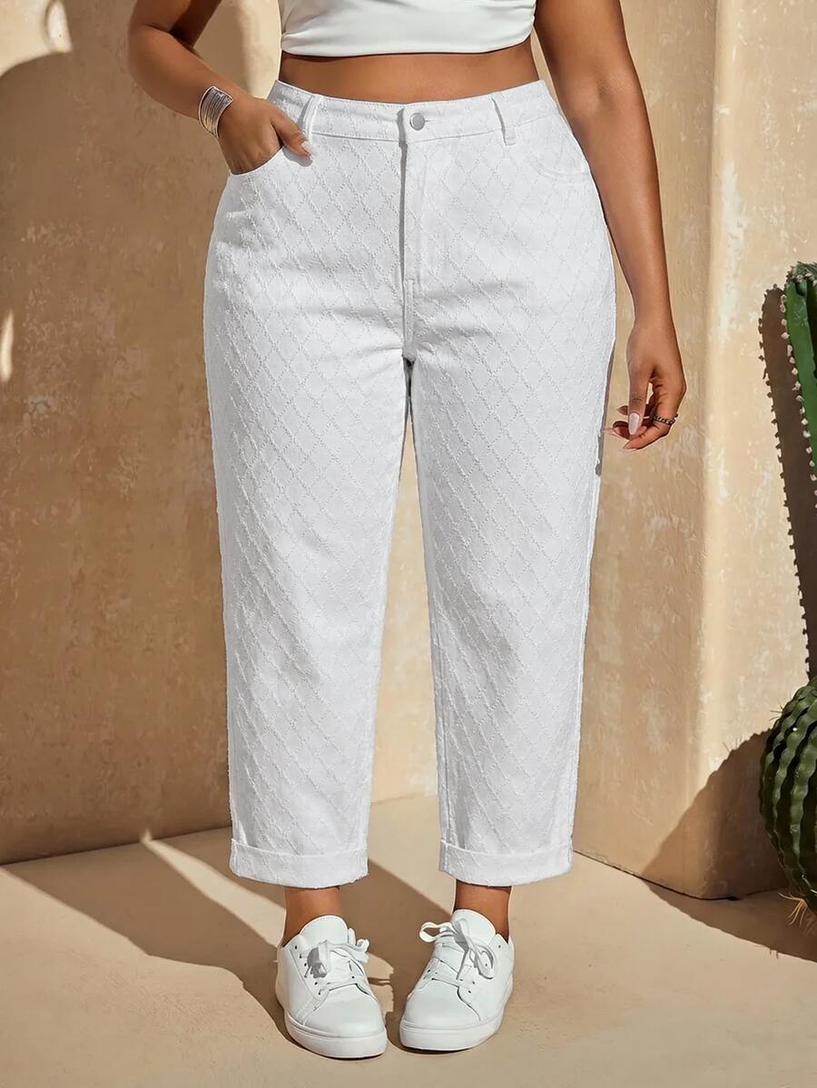 Slaydiva Plus Size Women's High Waist Pocket Tapered Casual Versatile Denim Jeans - Blue - View 1