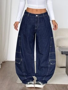 Muchica Celana Jeans Denim Wanita dengan Kantong Kargo, Potongan Lebar, dan Potongan Melengkung. - Biru - View 3