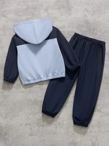 SHEIN 2件組男童休閒拼色連帽衛衣與長褲運動套裝，戶外秋季穿著 - 藏蓝色 - 查看 2