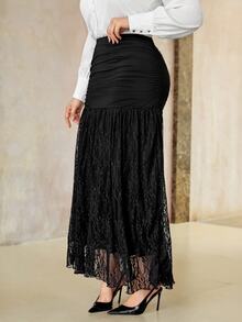 Roveilla Plus Size Knit Black Ruched Lace Skirt - Black - View 4