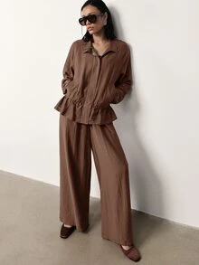 MERLEAU Women's Streetwear Button Zip Drawstring Long Sleeve Jacket - Brown - View 4
