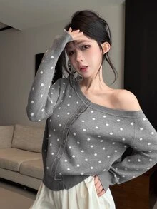 DAZY Women's Korean Style Jacquard Single-Breasted Asymmetrical Shoulder Knit Cardigan - Grey - View 6