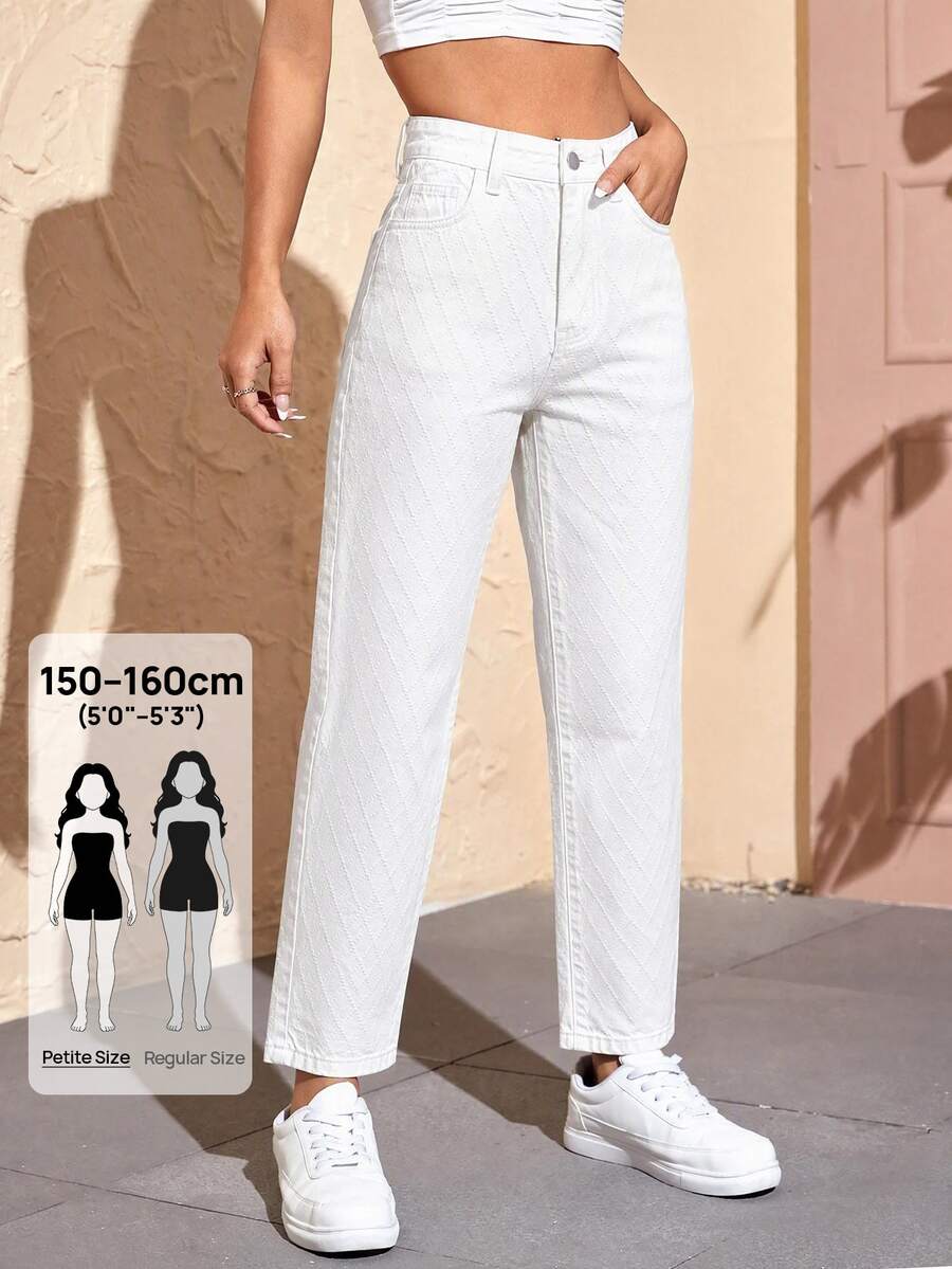 SHEIN PETITE Women's Casual Daily Denim Long Pants With Pockets And Buttons - White - View 1