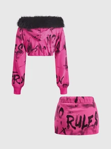 ROMWE Street Life Sweatshirt Crop Top Warna Pink Mawar Gaya Jalanan Hot Girl dengan Cetakan Grafiti Huruf, Kerah Fleece, Panjang Pendek, Set 2 Potong untuk Wanita - Berwarna merah muda - View 13