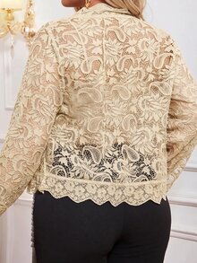 SHEIN Lady 大尺碼女款休閒優雅通勤正式晚宴婚禮經典米色條紋格紋長袖外套襯衫 春季 - 卡其色 - 查看 2