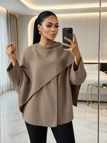 SHEIN Lady Plus Size Women's Solid Color Casual Versatile Daily Overcoat Winter - Brown - View 3