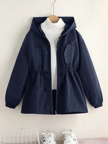 SHEIN 青少年女孩寬鬆休閒連帽極簡純色收腰長袖百搭風衣 - 藍色 - 查看 5