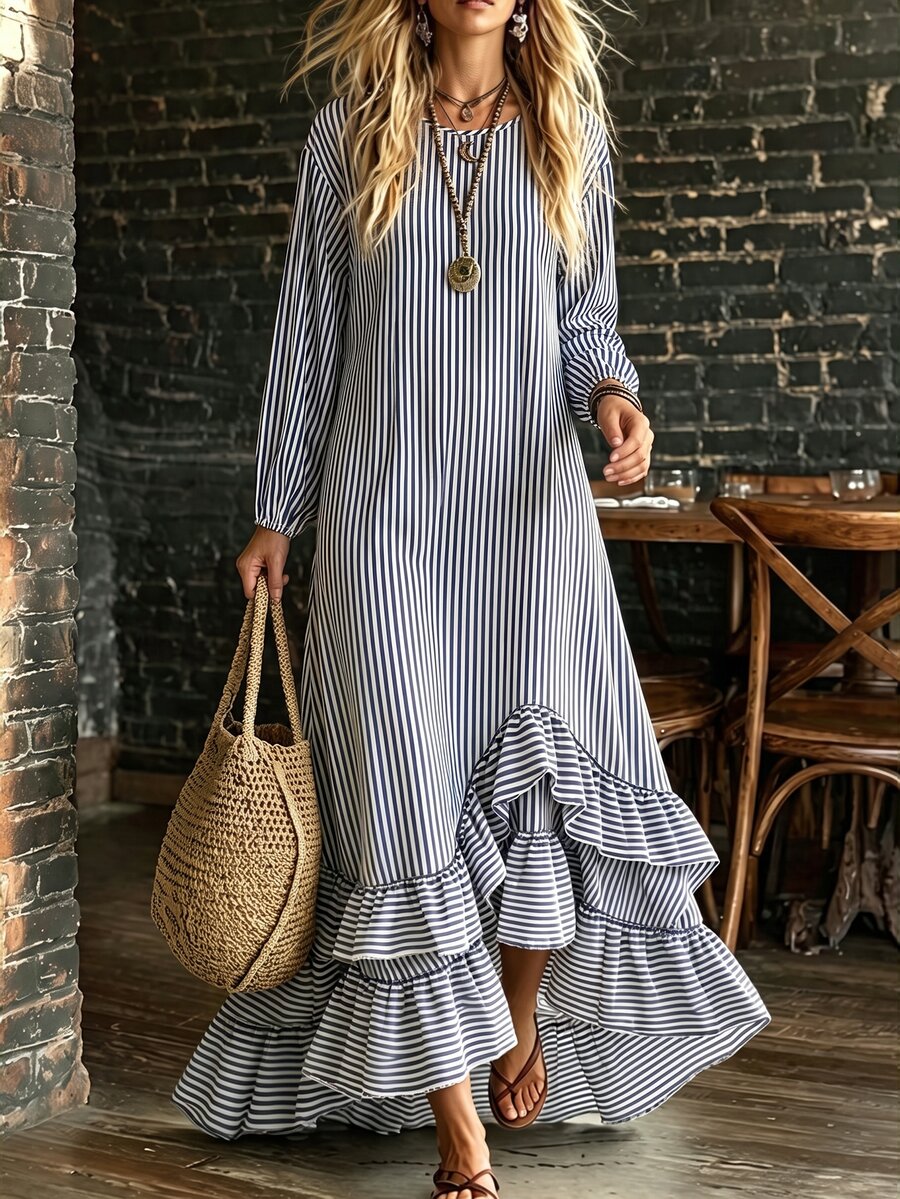 SHEIN Holidaya Women's Spring/Autumn Vintage Striped Artistic Ruffle Hem Casual Fashion Linen Long Sleeve Maxi Dress, Suitable For Outings, Dates And Commuting - Multicolor - View 1
