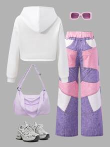 SHEIN Sparklyn 女童大童休閒百搭日常趣味塗鴉圖案連帽短版衛衣＋牛仔風塗鴉寬鬆長褲套裝 - 彩色 - 查看 2