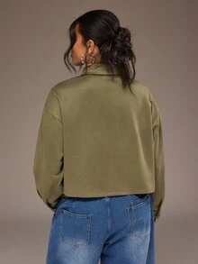 Freevana 女款軍綠色仿麂皮鈕扣開襟長袖翻領口袋休閒秋季短版夾克 - 軍綠色 - 查看 2