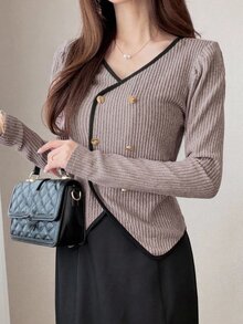 FRIFUL 女款初夏/初秋新款韓式拼接撞色羅紋收腰顯瘦長袖T恤 - 灰色 - 查看 3
