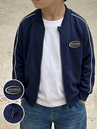 SHEIN Kids Young Boy Casual Daily Graphic Sports Jacket Autumn Coat Suitable For School, Vacation And Travel