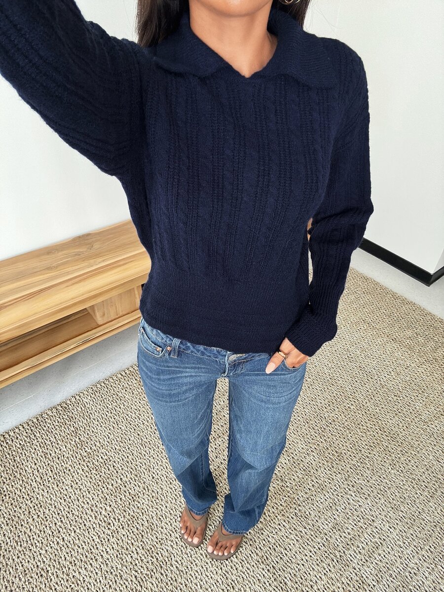 SHEIN Glamour Women's Solid Color Casual Versatile Daily Wear Knit Top - Navy Blue - View 1